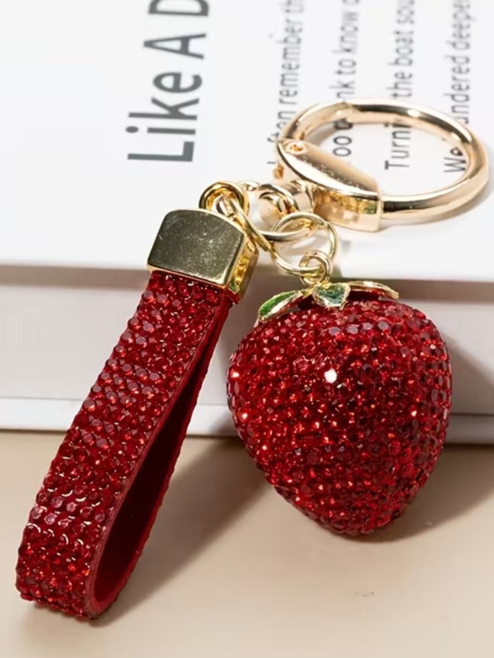 Gold-Tone Red Crystal Strawberry Keychain bag charm with Strap